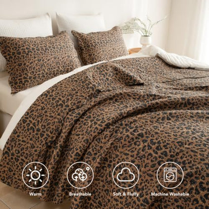 Lady Ann 100% Cotton King Quilt Set, Vintage Brown Leopard Pattern Printed Quilted Bedding, 3 Pcs Lightweight Coverlet, Ultra Soft Farmhouse Bedspread Set for All Season
