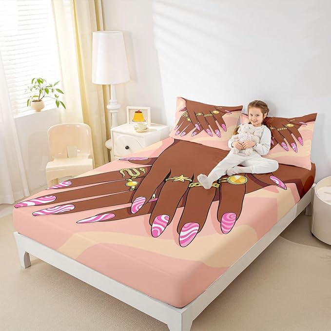 Erosebridal Romantic Makeup Themed Fitted Sheet Full Size for Girls Fashion Girlish Bedding Set Black Girls Bed Sheets for Kids Teens Adult Women Bedroom Afro Vogue Princess Magical Sheets