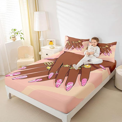Erosebridal Romantic Makeup Themed Fitted Sheet Full Size for Girls Fashion Girlish Bedding Set Black Girls Bed Sheets for Kids Teens Adult Women Bedroom Afro Vogue Princess Magical Sheets