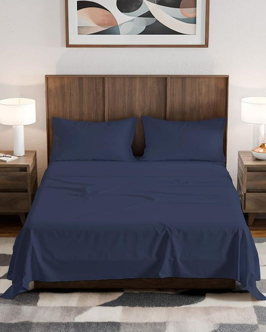 Olympic Queen Sheet Set 66x80 - 4 Piece RV Olympic Queen Size Sheets - Soft, Breathable & Cooling - Fits 14” to 16" Mattress w/ Deep Pockets - Comfy Luxury Bedding - Fade & Wrinkle Free - Navy Blue
