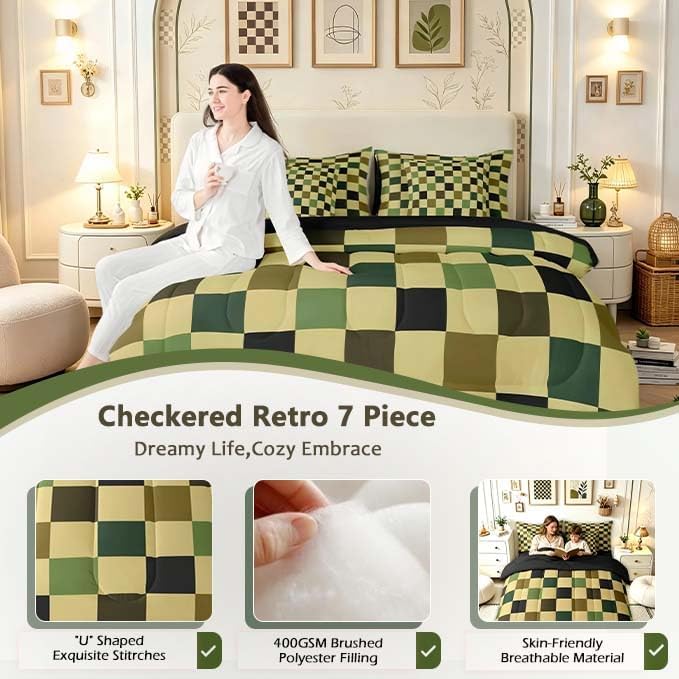 Checkered Retro Comforter Set Queen Size 7 Pieces Hunter Green Plaid Bedding Set for Kids Boys Girls Geometric Camo Army Bed in a Bag Modern Hunting Groovy Aesthetic Bedroom Decor Quilted Lightweight
