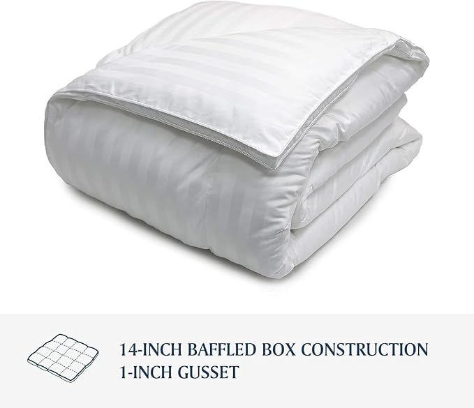 Blue Ridge Home Fashions 500 Thread Count Cotton Damask Duraloft Striped Down Alternative Lightweight Duvet Bed Comforter, Full/Queen, White