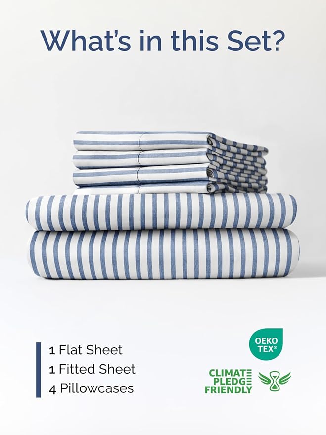 Extra Deep Queen Sheet Set - 6 Piece Breathable and Cooling Sheets - Hotel Luxury Bedding for Women, Men, Kids & Teens - Easy Secure Fit - Soft and Wrinkle Free with Extra Deep Pockets - Blue Stripes