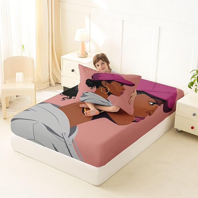 Erosebridal Black Girls Girls Bed Sheets Twin Size Fashion Black Woman Fitted Sheet Vogue Fashionable Gorgeous Bedding Set for Kids Children Women Bedroom Decor African Princess Magical Sheets
