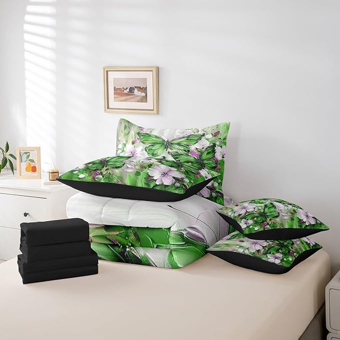 Erosebridal Green Butterfly 7 Piece Bed in A Bag King White Flowers Oil Painting Boho Comforter Set Retro Hippie Floral Butterfly Bedding Set for Girls Women,Aesthetics Bohemian Bed Set