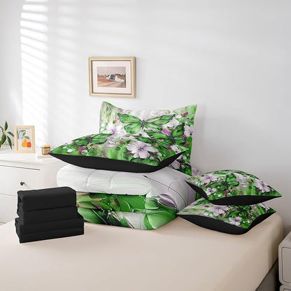 Erosebridal Green Butterfly 7 Piece Bed in A Bag King White Flowers Oil Painting Boho Comforter Set Retro Hippie Floral Butterfly Bedding Set for Girls Women,Aesthetics Bohemian Bed Set