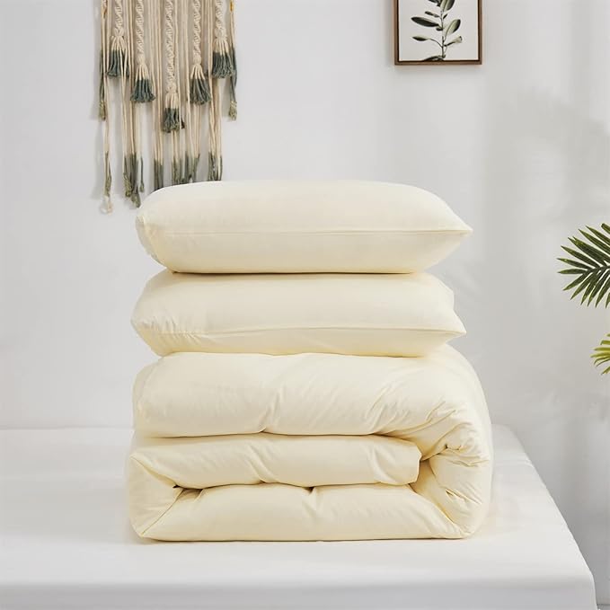Luxlovery Beige White Comforter Set King Size Beige Ivory Bedding Set Solid Color Cream Off White Blanket Quilts Soft Breathable Ivory White Light Color Comforter Women Men