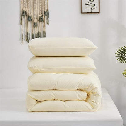 Luxlovery Beige White Comforter Set King Size Beige Ivory Bedding Set Solid Color Cream Off White Blanket Quilts Soft Breathable Ivory White Light Color Comforter Women Men