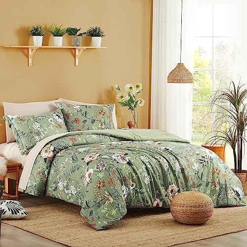 Twin XL Comforter Set- 5 Pieces Green Floral Bed in a Bag Twin Bedding Sets