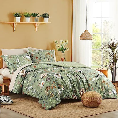 Twin XL Comforter Set- 5 Pieces Green Floral Bed in a Bag Twin Bedding Sets