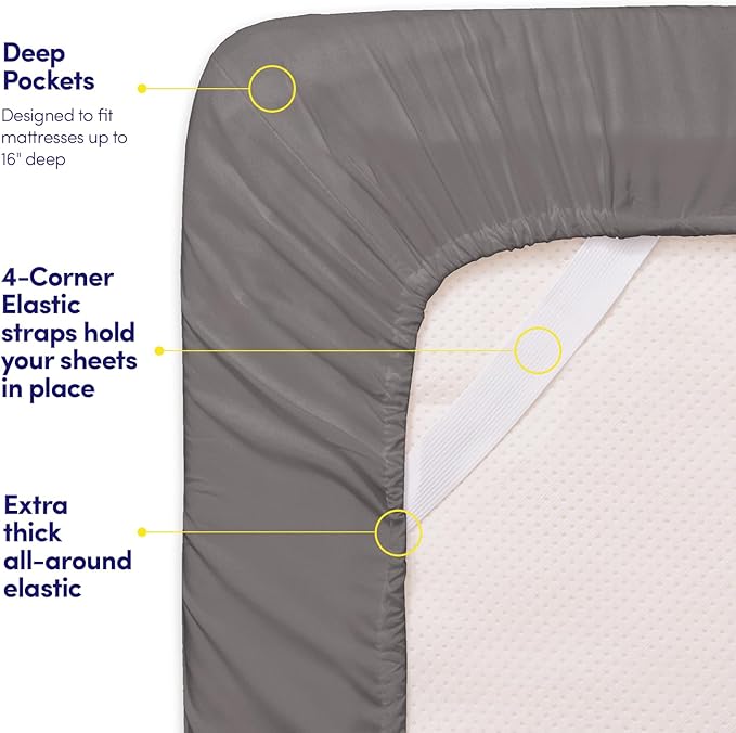 Supreme Collection Twin Sheet Set - 3 Piece Bed Sheet & Pillowcase Set for Twin Mattress, Extra Soft, Elastic Corner Straps, Deep Pockets, Gray