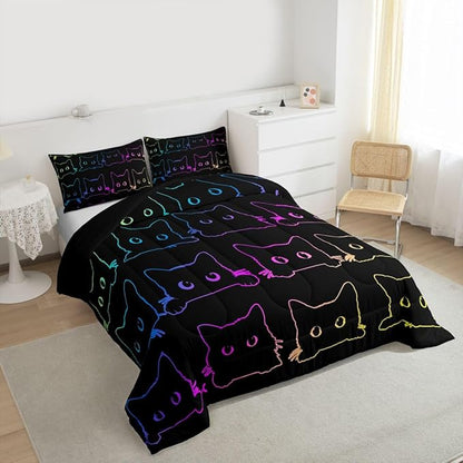 Erosebridal Cute Cats Bedding Set Queen Kawaii Cat Pet Comforter Colorful Neon Ombre Animal Line Down Lovely Lovers Room Decor Lightweight Duvet For Teens Children Boy Girl,Multi 362