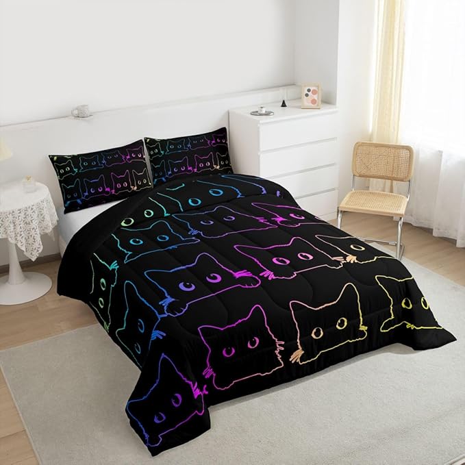 Cute Cats Bedding Set King Kawaii Cat Pet Comforter Set Colorful Neon Ombre Kawaii Animal Line Down Comforter Lovely Cat Lovers Room Decor Lightweight Duvet Set For Teens Children Boy Girl