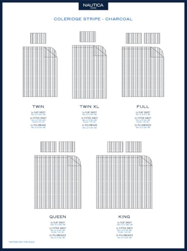 Nautica - King Sheets, Cotton Percale Bedding Set, Casual Bedding Set (Coleridge Stripe Charcoal, King)