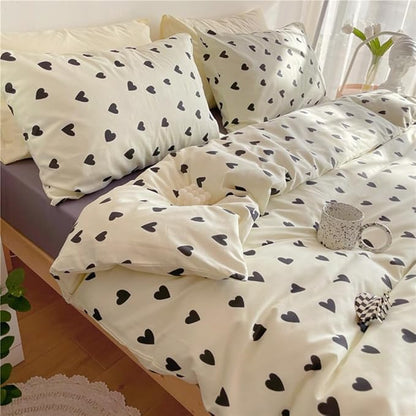 Nayoroom Black and White Heart Duvet Cover Full Size Black Hearts Printed on White Bedding Set 3 Pcs Cute Kawaii Soft Breathable Microfiber Comforter Cover Valentine Gifts for Kids Girls