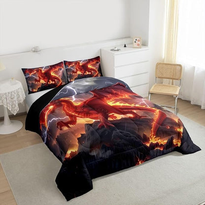 Castle Fairy Dragon Twin Size Comforter Set,Red Flame Quilt Set Soft Bed Collection,Cool Wild Animals Bedding Comforter for Boys Girls Room Decor,2 Pcs