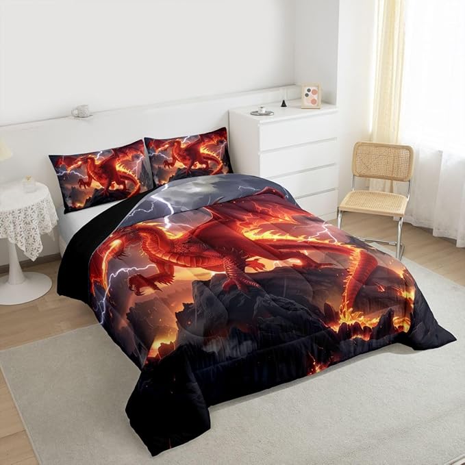 Castle Fairy Dragon Kids Comforter Set,Cool Wild Animals Down Alternative Adults Bedroom Decor,Red Flame Ultra Soft Microfiber Inner Fill 3Pcs Bedding Queen Size