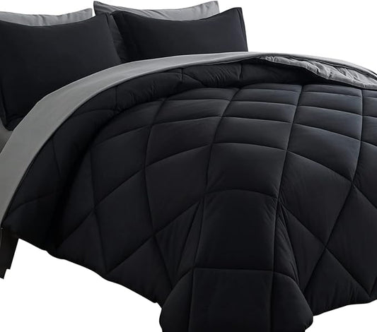 Cosybay Bed in a Bag Full Reversible Comforter Sets 7pcs All Season Down Alternative Bedding Sets Black and Grey with Comforter, Pillow Shams, Flat Sheet, Fitted Sheet and Pillowcase