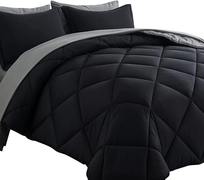 Cosybay Bed in a Bag Queen Reversible Comforter Sets 7pcs All Season Down Alternative Bedding Sets Black and Grey with Comforter, Pillow Shams, Flat Sheet, Fitted Sheet and Pillowcase