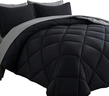 Cosybay Bed in a Bag Queen Reversible Comforter Sets 7pcs All Season Down Alternative Bedding Sets Black and Grey with Comforter, Pillow Shams, Flat Sheet, Fitted Sheet and Pillowcase