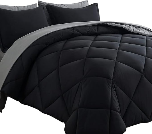 Cosybay Bed in a Bag Queen Reversible Comforter Sets 7pcs All Season Down Alternative Bedding Sets Black and Grey with Comforter, Pillow Shams, Flat Sheet, Fitted Sheet and Pillowcase