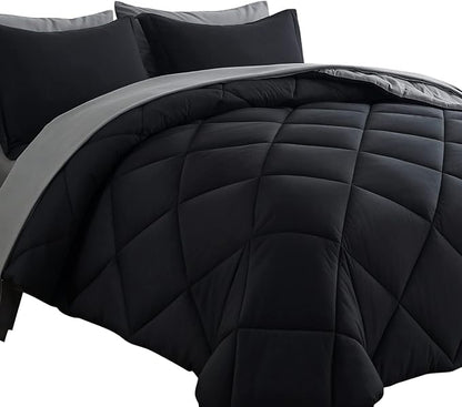 Cosybay Bed in a Bag King Reversible Comforter Sets 7pcs All Season Down Alternative Bedding Sets Black and Grey with Comforter, Pillow Shams, Flat Sheet, Fitted Sheet and Pillowcase