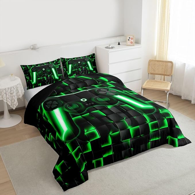 Erosebridal Gamer Comforter Full Bedding Sets for Boys 3D Geometric Gaming Comforter Set for Kids Girls Men,Neon Ombre Checkered Game Console Bed Set Lightweight Quilt Duvet 3 Piece Black Green