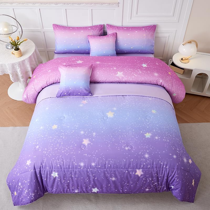 Helloosun 7PCS Pink and Purple Comforter Set Twin,Girls Galaxy Bedding Set,Purple Bedding Twin,Bed in A Bag Comforter for Children Girls Teen Kids,Bedroom Bed Decoration