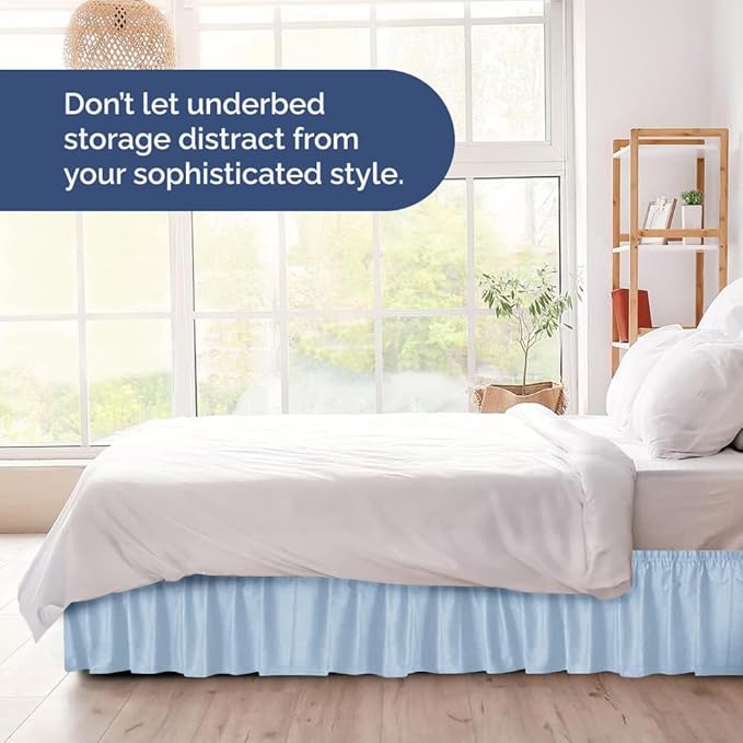 Wrap Around Dust Ruffle Bed Skirt - Sky Blue - for Queen Size Beds w/ 15 Inch Drop - Easy Fit Elastic Strap - Adjustable Pleated Bedskirt w/Brushed Fabric - Wrinkle Free, Women, Men, Kids & Teens