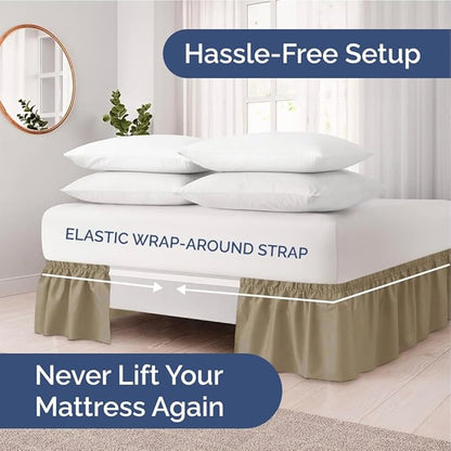 Wrap Around Dust Ruffle Bed Skirt - Khaki - Twin/Twin XL Size Beds w/ 15 Inch Drop - Easy Fit Elastic Strap - Adjustable Pleated Bedskirt w/Brushed Fabric - Wrinkle Free - Women, Men, Kids & Teens