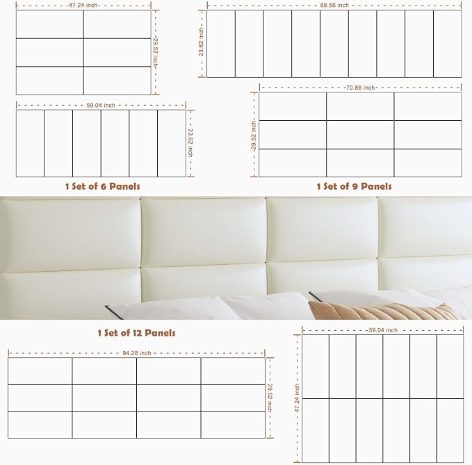 IFNOW Wall Mounted Headboard, Peel and Stick Panels, White, King | Upholstered 3D Soundproof Acoustic Panels Reusable and Removable Padded Leather Bed Headboard, 12 Panels 9.84" x 23.62"