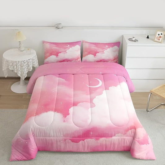 Moon and Stars Comforter Set King,Pink White Tie Dye Bedding Set for Girls Women Room Decor Reversible Aesthetic Marble Down Alternative,Galaxy Space Quilted Duvet Insert Cute Warm All Season