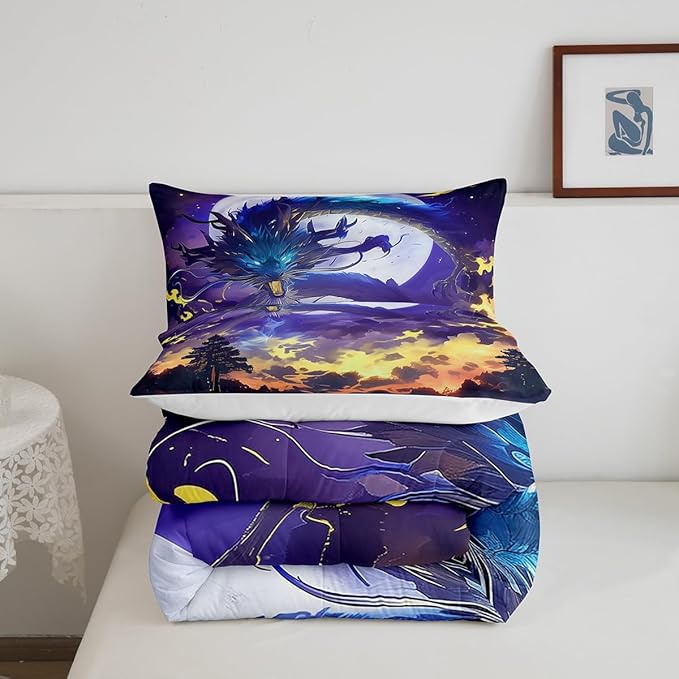 Fire Dragon Comforter Set King Size,Moon Starry Sky Bedding Set 3Pcs,Kids Boys Girls Room Decor Volcano Purple Nebula Printed Quilt Set Fantasy Style Magical Animals Theme Duvet Insert,2 Pillowcases