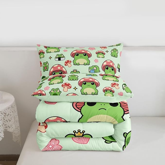 Mushroom Frog Comforter Set Queen Size Cute Mushroom Bedding Set 3pcs for Kids Girls Boys Bedroom Decor Cartoon Animals Plants Quilt Set Pink Green Duvet Insert,2 Pillowcases