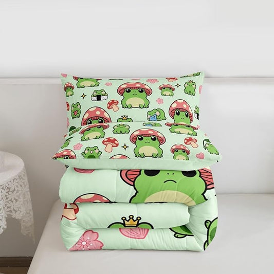 Mushroom Frog Bedding Set Full Size Cute Mushroom Comforter Set 3pcs for Kids Girls Boys Bedroom Decor Cartoon Animals Plants Quilt Set Pink Green Duvet Insert,2 Pillowcases
