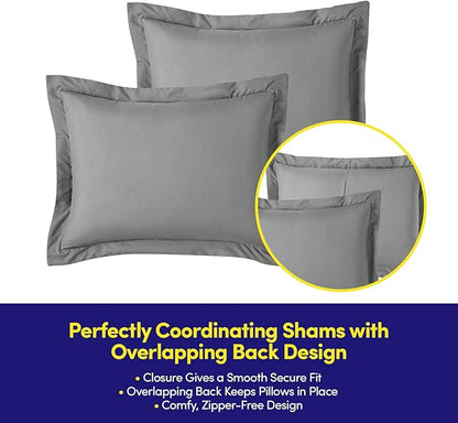 Queen Comforter Set Quilted Stripe Bedding Bundle – Comforter, Mattress Protector, Sheets with Pockets on the Side & Built-in Corner Strap – Fitted Sheet Media Pocket for Devices, Gray/Silver