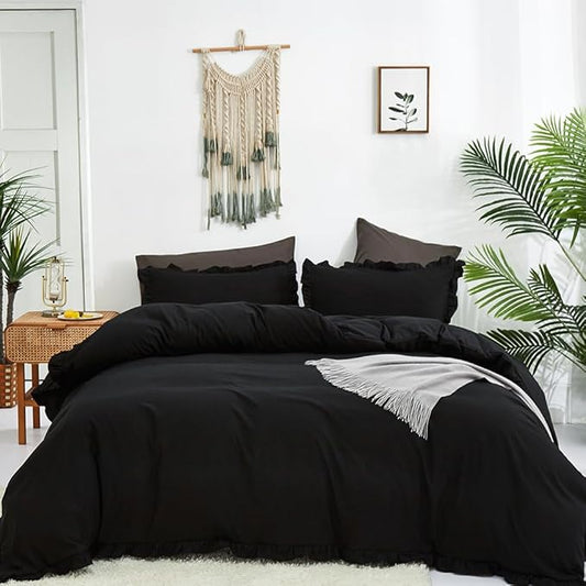 CLOTHKNOW Black King Size Comforter Set 3Pcs Ruffle Bedding Comforter Sets Soft Shabby Chic Farmhouse Comforter with 2 x Pillowcases