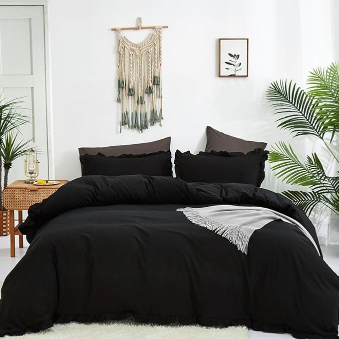 CLOTHKNOW Black Queen Comforter Set 3Pcs Ruffle Bedding Comforter Sets Shabby Chic Comforter Queen with 2 x Pillow Cases Farmhouse Bedding