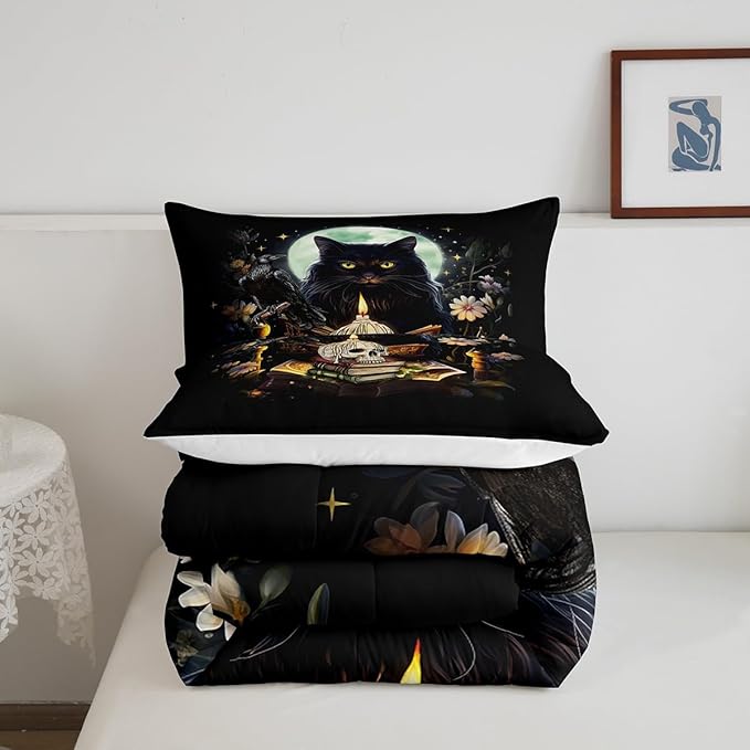 Kids Cat Bedding Set,Sugar Skull Crow and Daisy Flower Garden Comforter Set for Teens Girls Boys Adult Bedroom Decor,Black Pet Cat Plants Quilt Set Moon Night Stars Print Duvet Insert 2Pcs