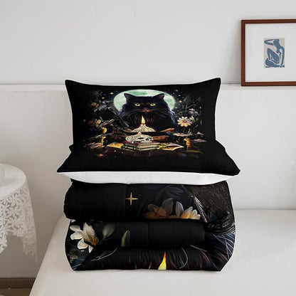 Kids Cat Bedding Set,Sugar Skull Crow and Daisy Flower Garden Comforter Set for Teens Girls Boys Adult Bedroom Decor,Black Pet Cat Plants Quilt Set Moon Night Stars Print Duvet Insert 2Pcs