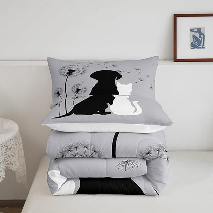 Erosebridal Couple Bedding Set King, Kawaii Cat Dog Comforter for Boys Girls Teens Adult, Cute Pet Aniamls Duvet Insert, Lovely Kitten Puppy Quilt Set, Dandelion Plants Floral Down Comforter, Gray