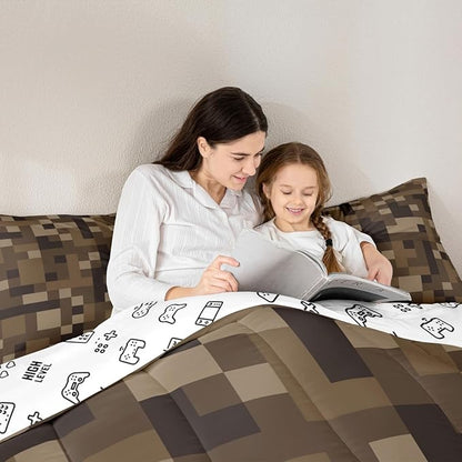 Pixelated Comforter Set Full Size,Grid Army Camo Pixel Games Kids Bedding Set,Cartoon Gamepad Video Games Quilt Comforter,Brown Duvet Insert,2 Pillowcases