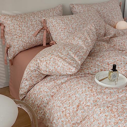 mixinni Girls Bedding Duvet Cover Twin Size Vintage Style Pink Small Floral Print Duvet Cover Set Soft Cotton 1 Duvet Cover with 2 Bow Ties Pillowcases-Easy Care, Soft and Durable