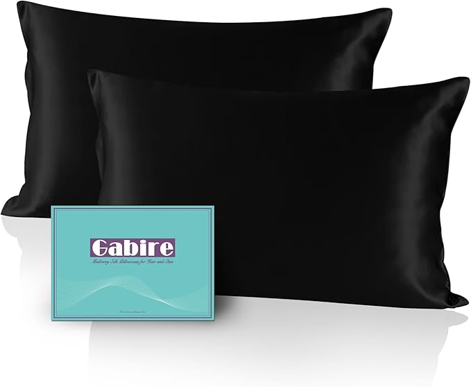 Mulberry Silk Pillowcases Set of 2, Both Sides Real Silk Pillow Covers for Hair and Skin Prevent Acne Pillowcase Organic Silk Pillowcase 2 Pack with Hidden Zipper, Black, King (20"×36")
