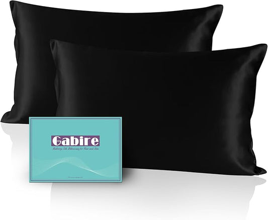 Mulberry Silk Pillow Cases Set of 2, Both Sides Real Silk Pillow Cover for Hair and Skin Prevent Acne Pillowcase Organic Silk Pillowcase 2 Pack with Hidden Zipper, Black, Queen (20"×30")