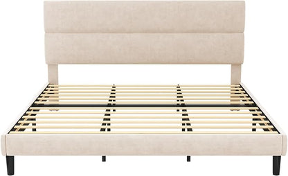 GRUSIGN King Size Platform Bed Frame with Velvet Headboard, Adjustable Height Wooden Slats Support, Upholstered Mattress Foundation, Fits Mattress or Mattress with Box Spring, Easy Assembly, Beige