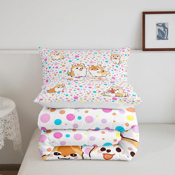 Castle Fairy Kawaii Dogs Queen Size Comforter Set,Colorful Polka Dots Down Alternative Comforter Adults Bedroom Decor,Cartoon Puppies Cute Pet Theme Ultra Soft Microfiber Inner Fill 3Pcs Bedding