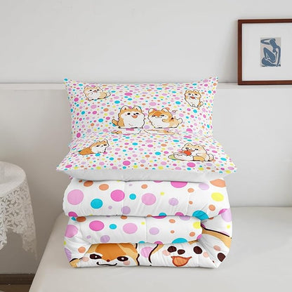 Castle Fairy Kawaii Dogs Twin Size Down Comforter Set,Colorful Polka Dots Duvet/Quilt Set Soft Bed Collection,Cartoon Puppies Cute Pet Theme Bedding Comforter for Boys Girls Bedroom,2 Pcs