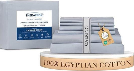 Therapedic 100% Egyptian Cotton California King 6-Piece Sheet Set –Naturally Cooling & Breathable Sateen, Preshrunk Garment Wash,16"Deep Pocket Fitted Sheet,Bonus Pillowcases,Soft & Durable-Light Blue