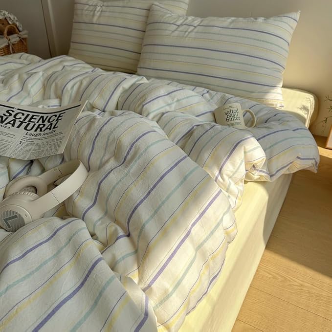 EAVD Retro Striped Duvet Cover Set King Size 100% Cotton Chic Stripes Printed Bedding Set with 2 Pillowcases Vintage Geometric Pattern Duvet Cover with Zipper Closure(Yellow&Purple&Blue, King)